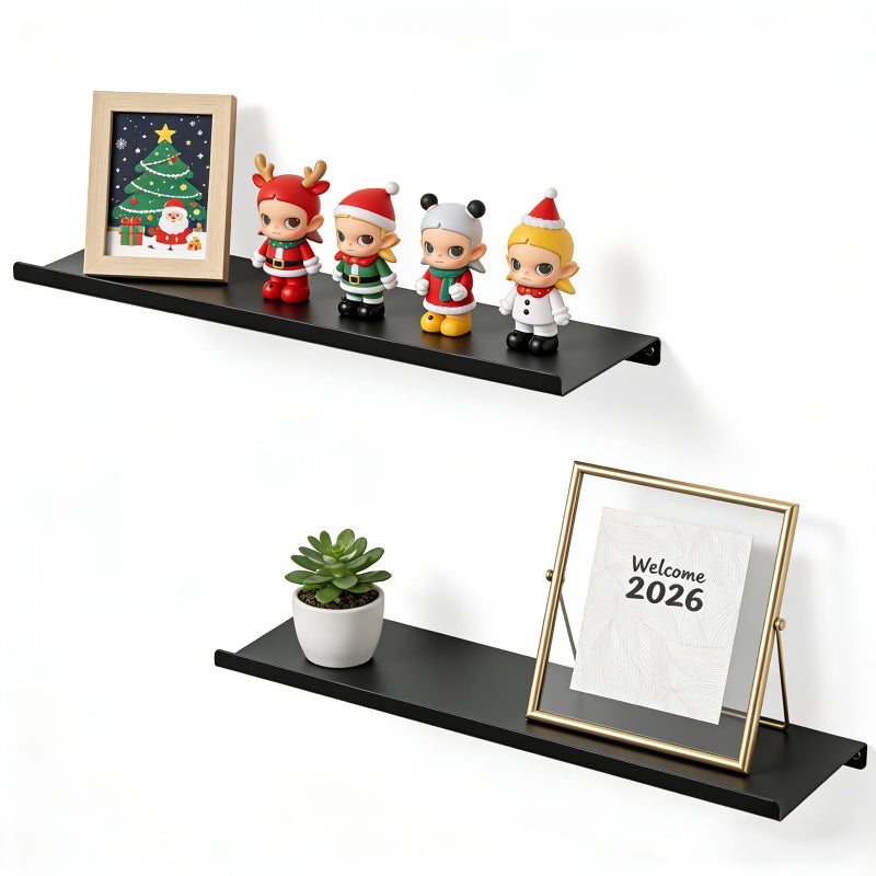 SRIWATANA Black Metal Wall Shelves, 2 Set Floating Shelves for Bedroom, Living Room, Bathroom, Kitchen - Matte Black - Image 1